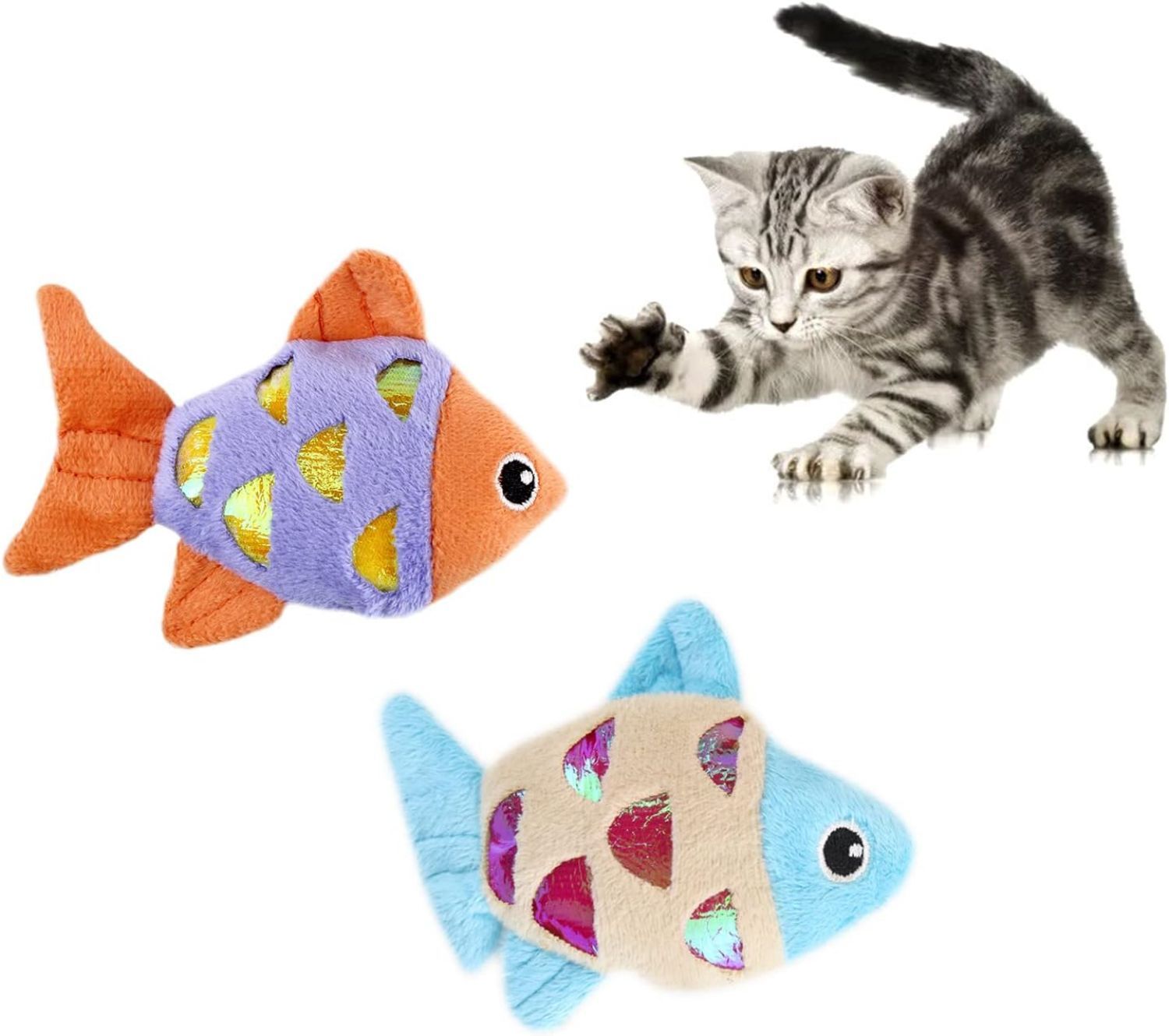 JMT-006666 Interactive Catnip Fish Toys with Crinkle Paper and Soft Plush for Dental Health - Set of 2