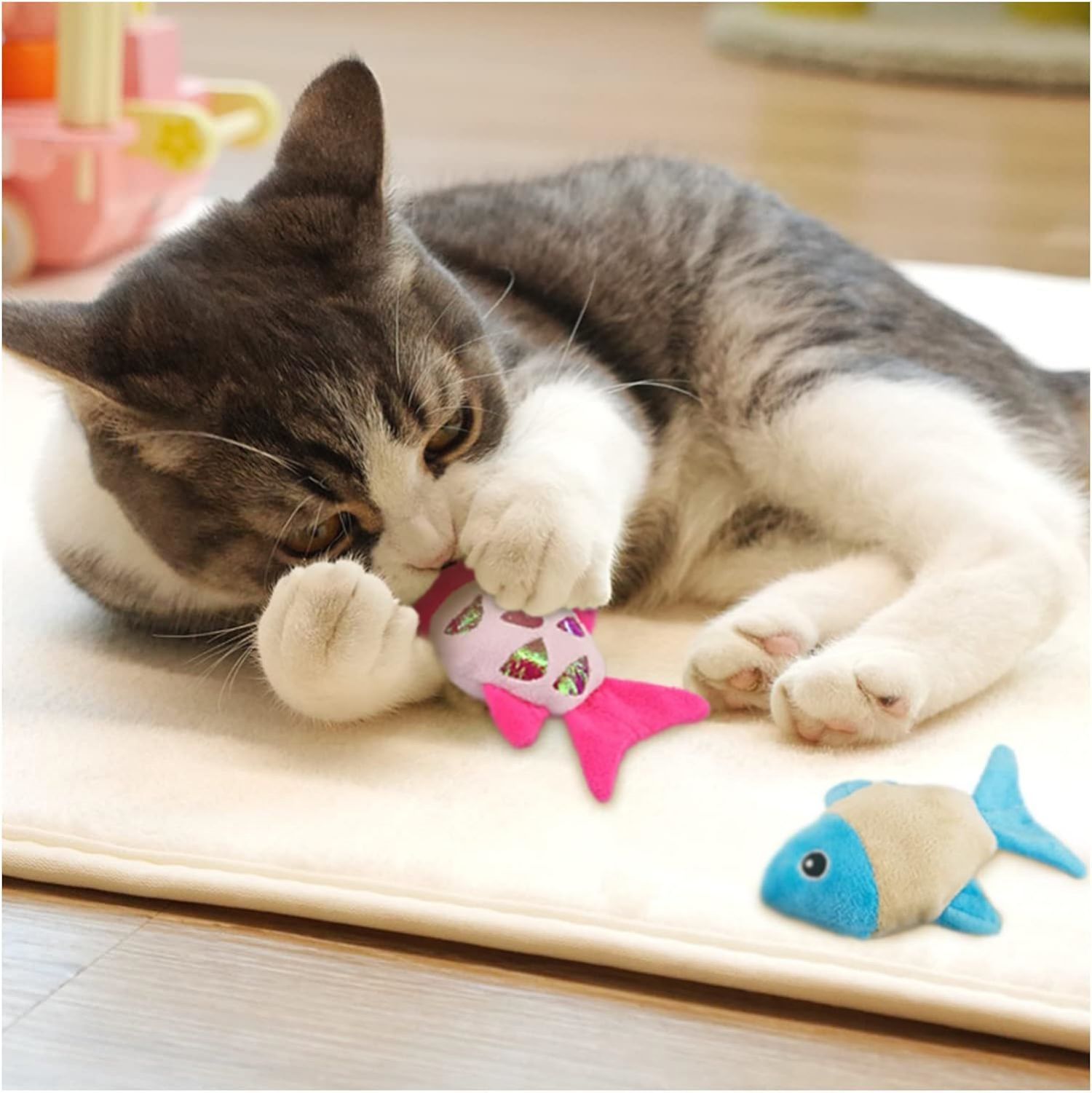 JMT-006666 Interactive Catnip Fish Toys with Crinkle Paper and Soft Plush for Dental Health - Set of 2