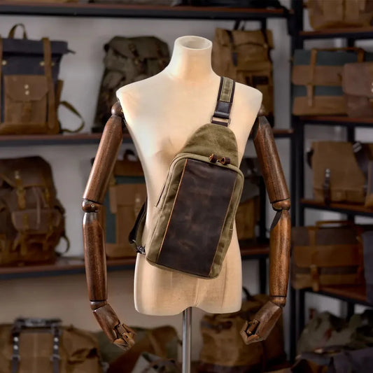 JMT-007882 Men's Waterproof Batik Canvas and Cowhide Crossbody Chest Bag for Outdoor Travel
