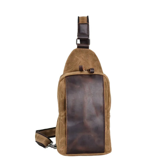 JMT-007882 Men's Waterproof Batik Canvas and Cowhide Crossbody Chest Bag for Outdoor Travel