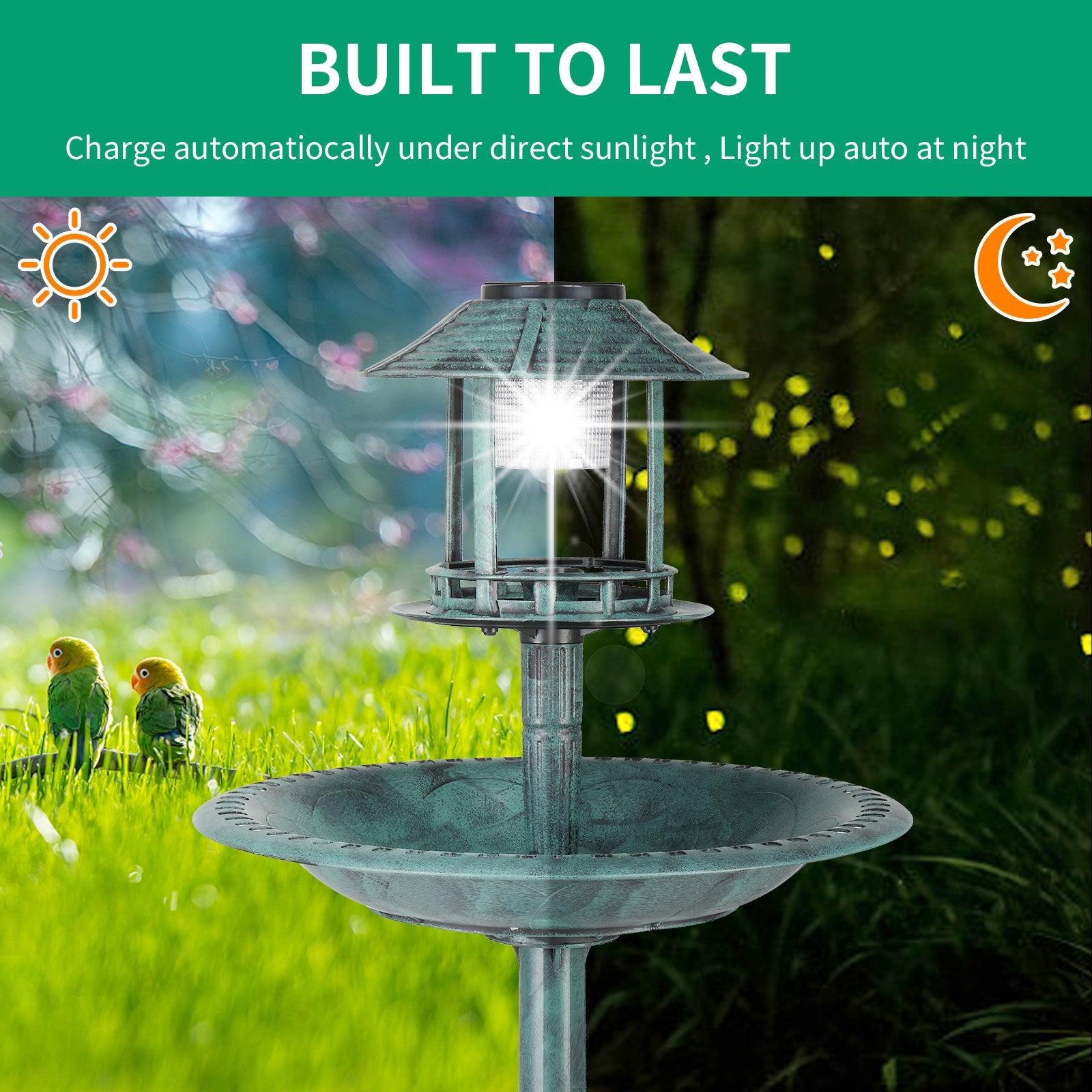 JMT-008010 Dark Green Plastic Round Bird Bath with Solar Light and Durable Design