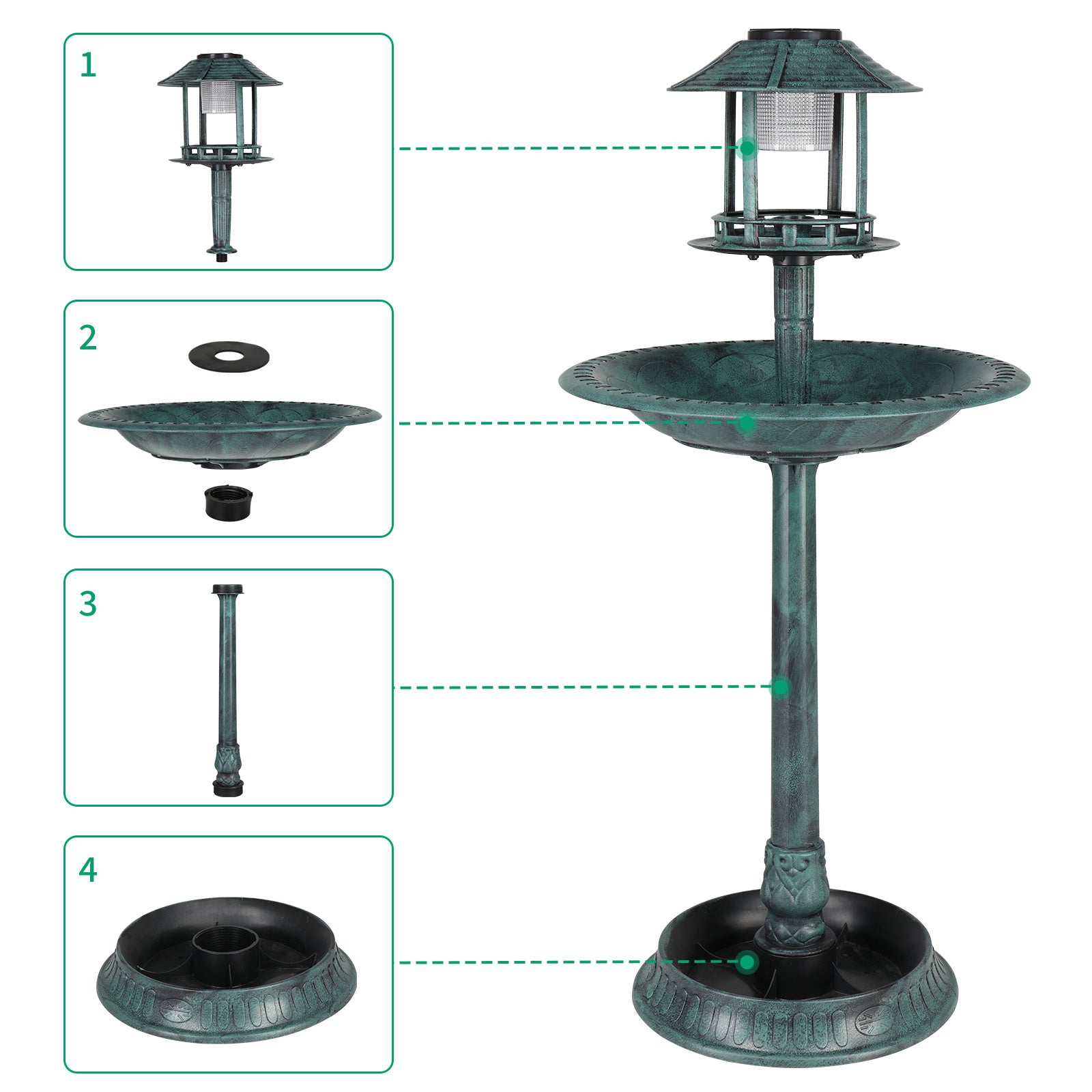 JMT-008010 Dark Green Plastic Round Bird Bath with Solar Light and Durable Design