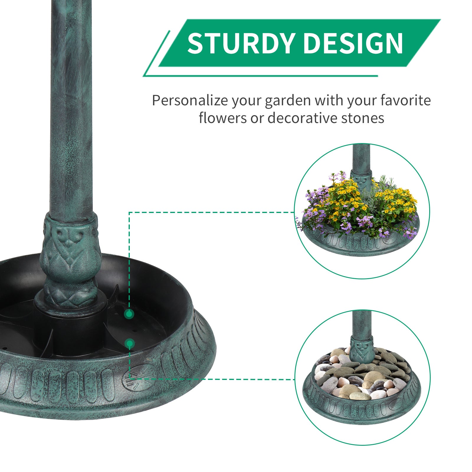 JMT-008010 Dark Green Plastic Round Bird Bath with Solar Light and Durable Design