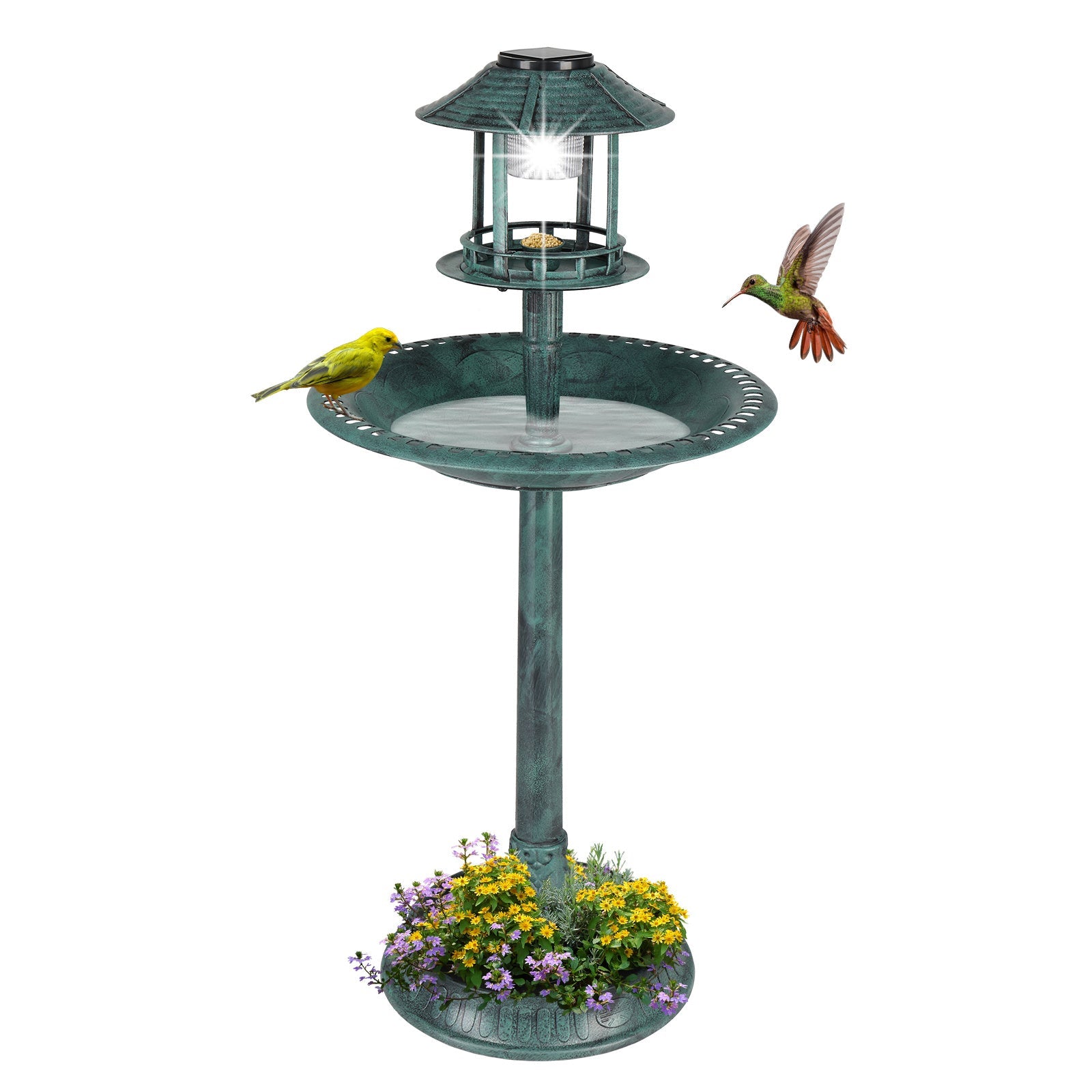 JMT-008010 Dark Green Plastic Round Bird Bath with Solar Light and Durable Design