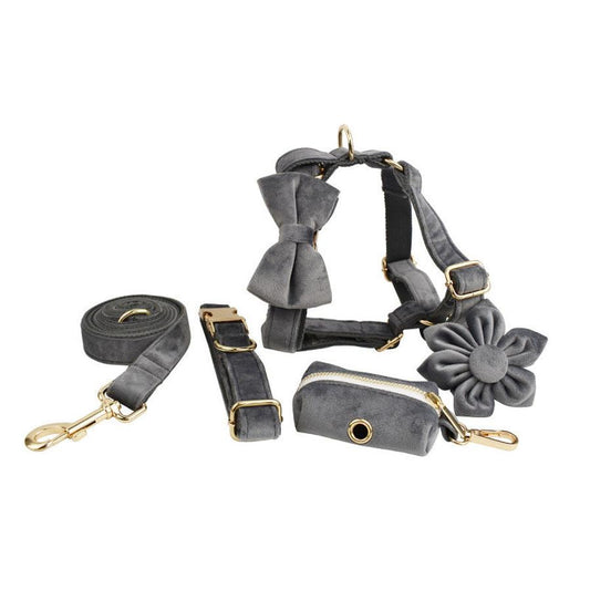 JMT-009482 Soft Velvet Fabric Dog Collar Set with Leash, Bow, Flower, Vest, and Poop Bag - Scalable Sizes XS to XL