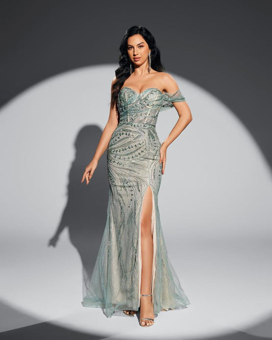 JMT-009546 Elegant Green Evening Dress - Model SH0012 with Flattering Silhouette and Timeless Design