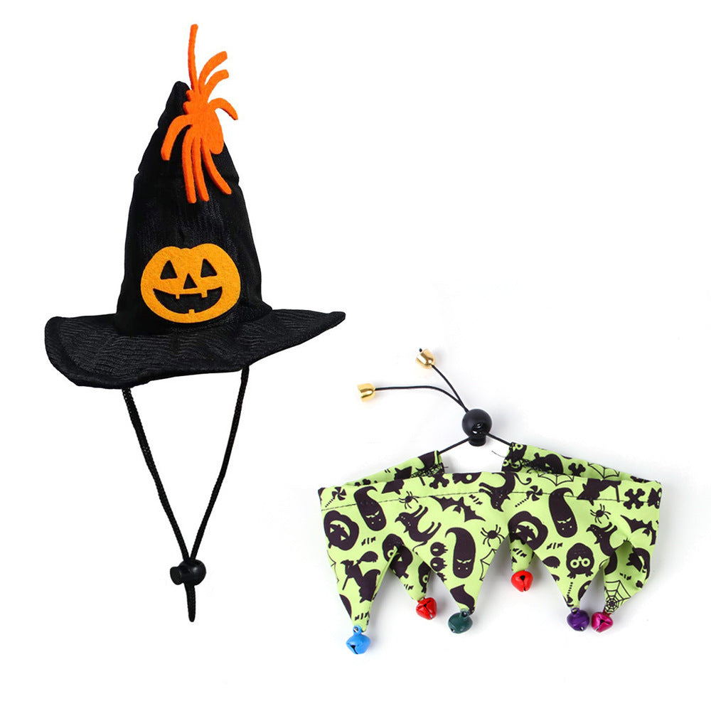 JMT-009930 Skull Pattern Cat Cape Hat and Scarf Set - Halloween Pet Costume with Spider Web Design