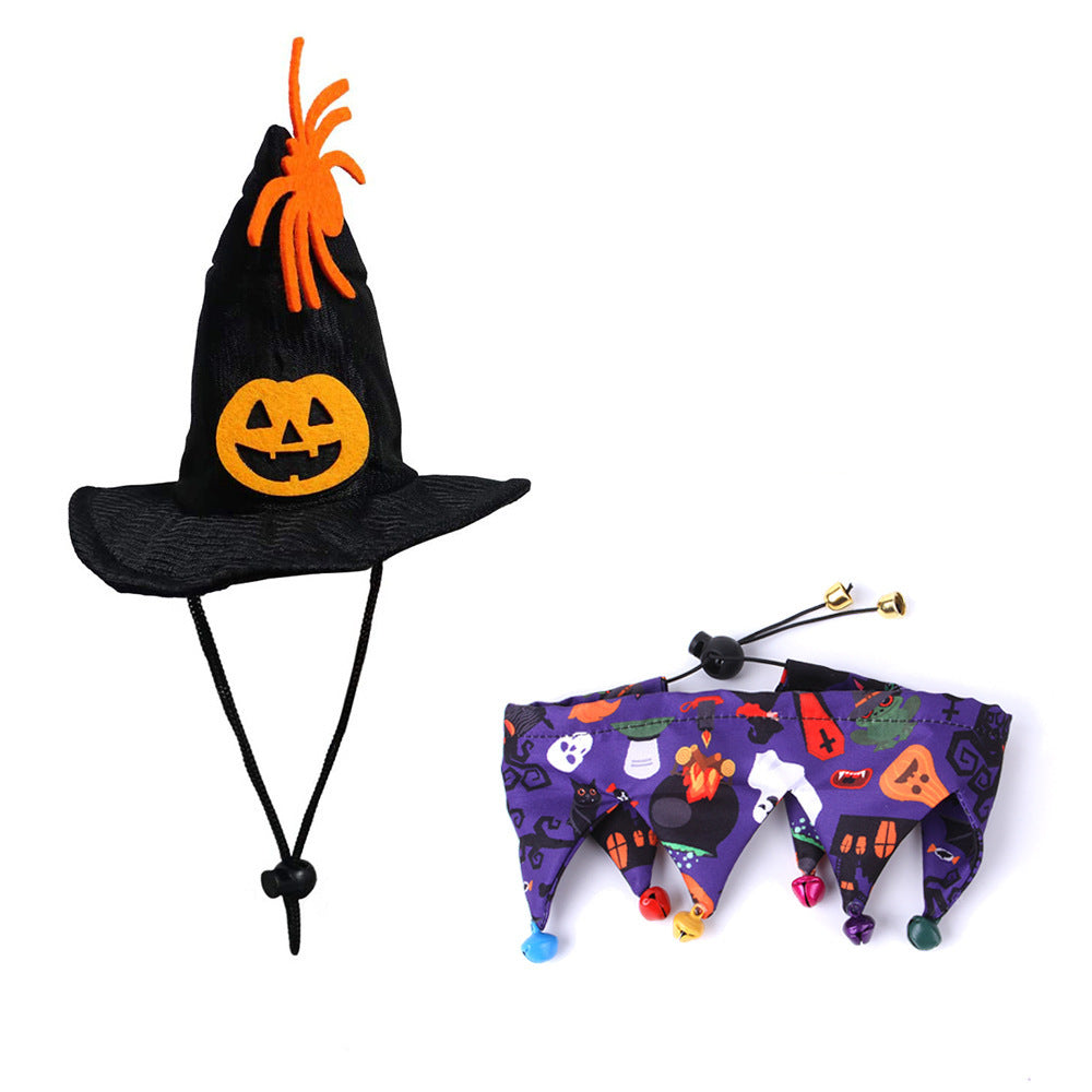 JMT-009930 Skull Pattern Cat Cape Hat and Scarf Set - Halloween Pet Costume with Spider Web Design
