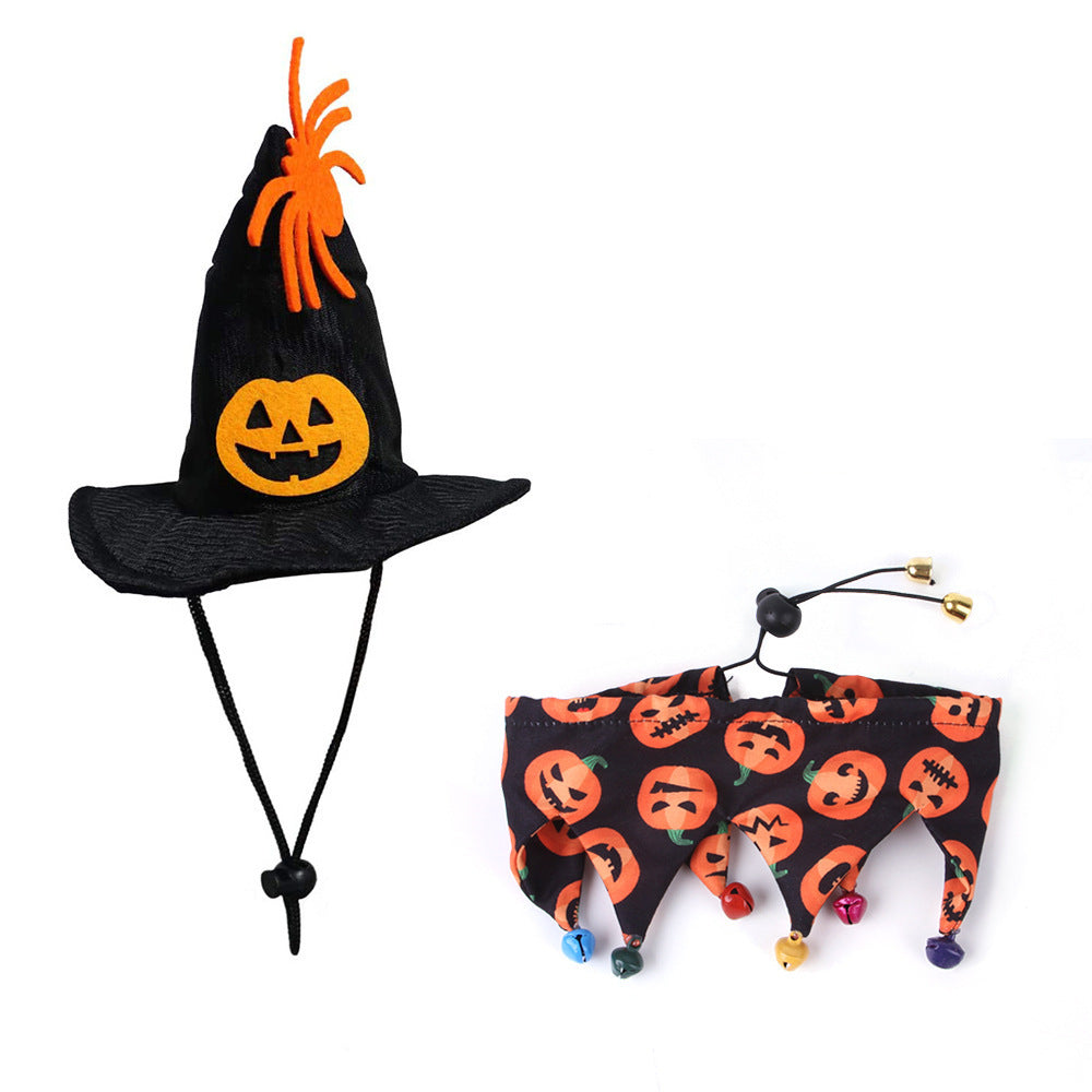 JMT-009930 Skull Pattern Cat Cape Hat and Scarf Set - Halloween Pet Costume with Spider Web Design