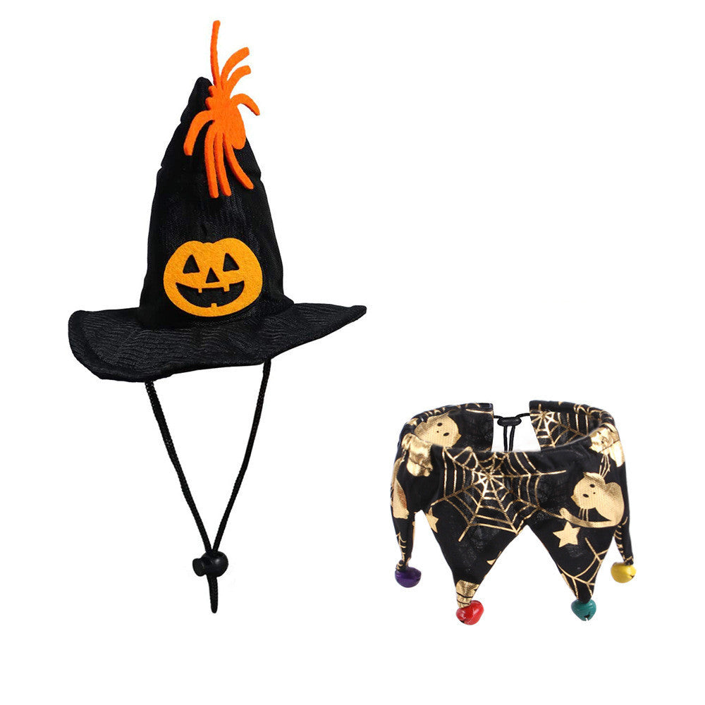 JMT-009930 Skull Pattern Cat Cape Hat and Scarf Set - Halloween Pet Costume with Spider Web Design