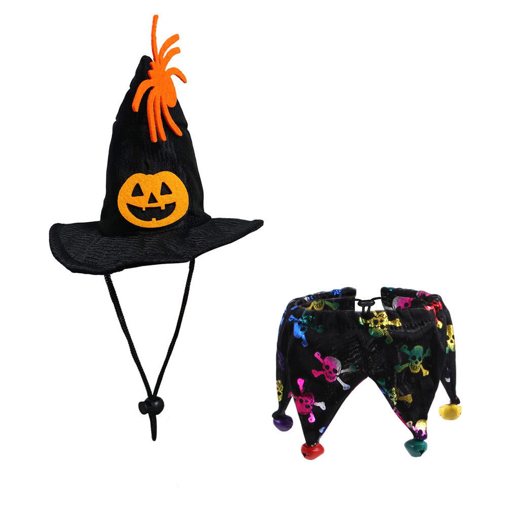 JMT-009930 Skull Pattern Cat Cape Hat and Scarf Set - Halloween Pet Costume with Spider Web Design