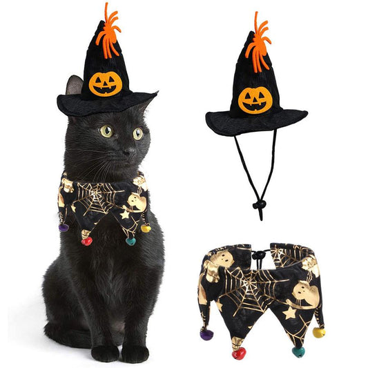 JMT-009930 Skull Pattern Cat Cape Hat and Scarf Set - Halloween Pet Costume with Spider Web Design