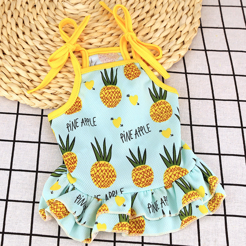 JMT-010058 Fruit Pattern Pet Skirt and Vest in Mesh Cloth - Summer Pet Apparel in Pineapple, Banana, and Strawberry Designs