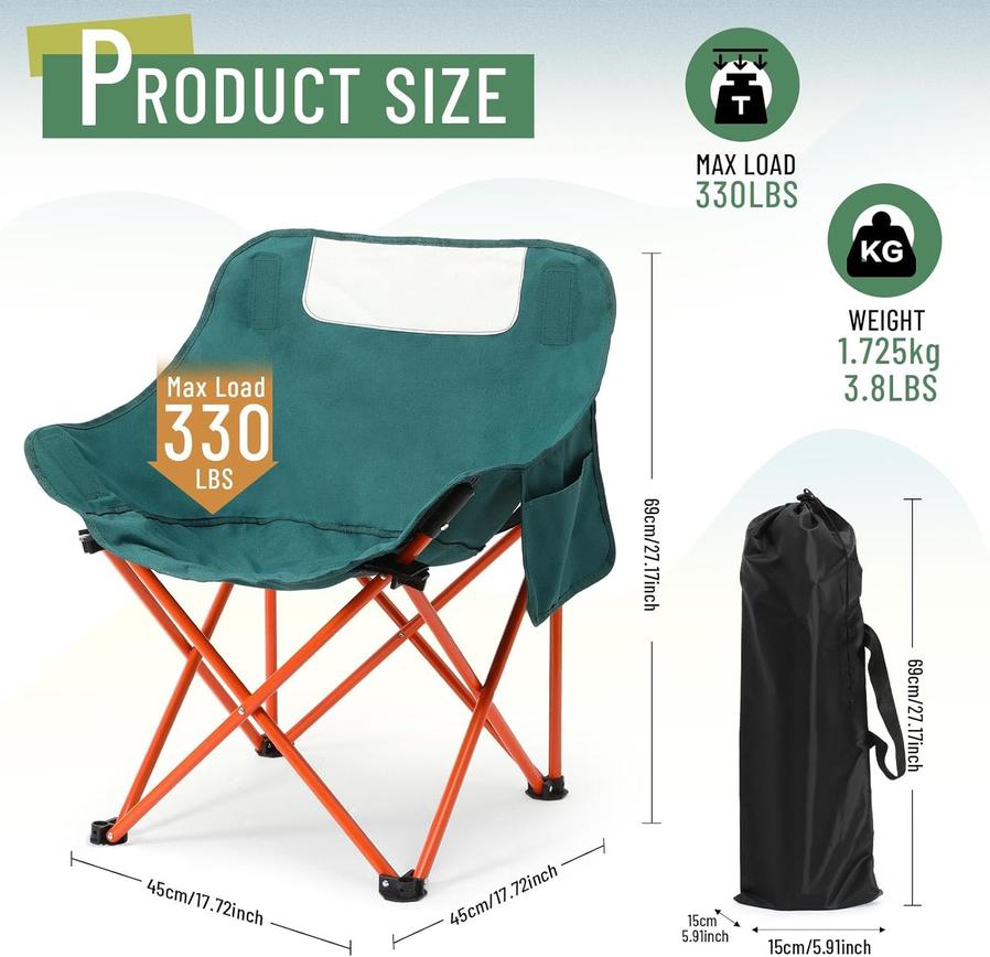 JMT-010186 Portable Folding Camping Chairs - Lightweight 2 Pack with Carry Bag, Supports 330lbs - Ideal for Travel, Picnic, Hiking, Beach, and Fishing