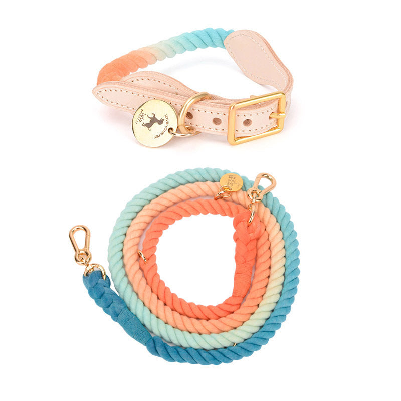 JMT-010954 Rainbow Gradient Multi-Functional Dog Walking Rope and Collar - Hand-Woven Cotton, Various Sizes Available