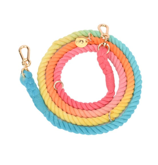 JMT-010954 Rainbow Gradient Multi-Functional Dog Walking Rope and Collar - Hand-Woven Cotton, Various Sizes Available