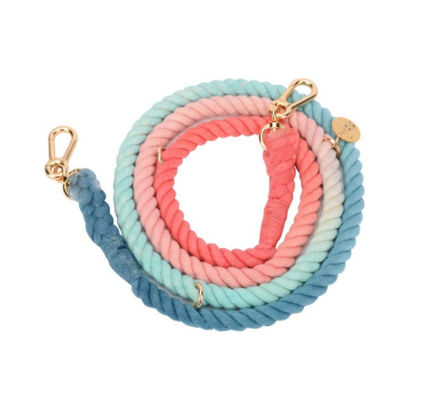 JMT-010954 Rainbow Gradient Multi-Functional Dog Walking Rope and Collar - Hand-Woven Cotton, Various Sizes Available