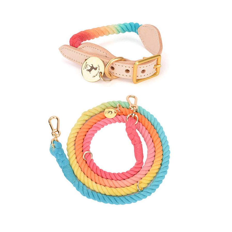 JMT-010954 Rainbow Gradient Multi-Functional Dog Walking Rope and Collar - Hand-Woven Cotton, Various Sizes Available