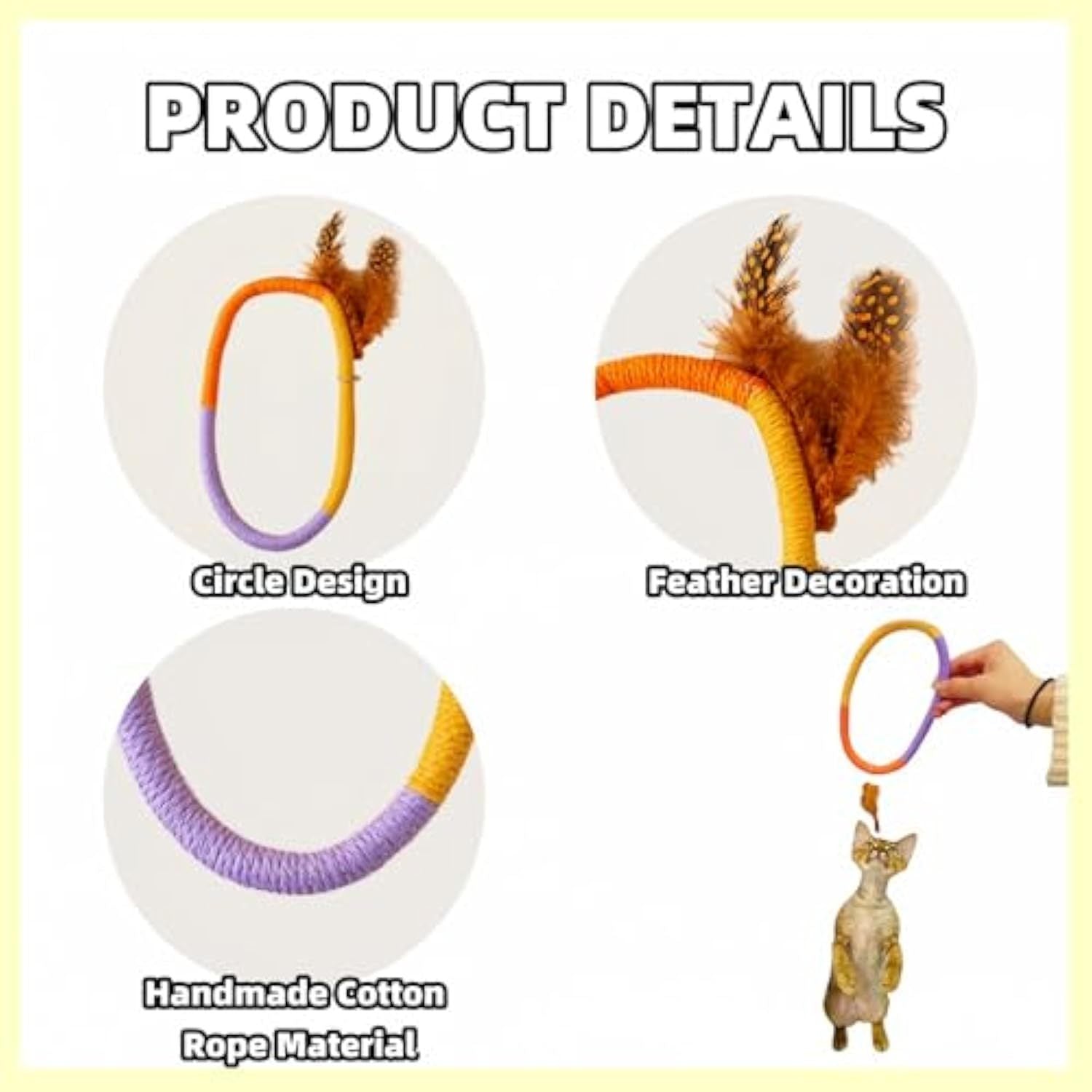 JMT-011274 Interactive Cotton Rope Cat Toy with Catnip and Feathers - Safe Chew and Kicker Toy for Cats and Kittens