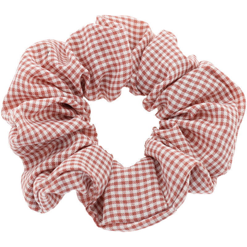 JMT-014282 Checked Fabric Pig Intestine Hairband with Elastic Rubber Band
