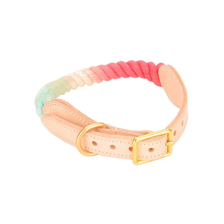 JMT-014410 Gradient Color Vegetable Tanned Leather and Woven Cotton Rope Pet Collar for Dogs and Cats