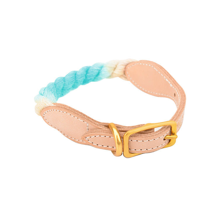 JMT-014410 Gradient Color Vegetable Tanned Leather and Woven Cotton Rope Pet Collar for Dogs and Cats