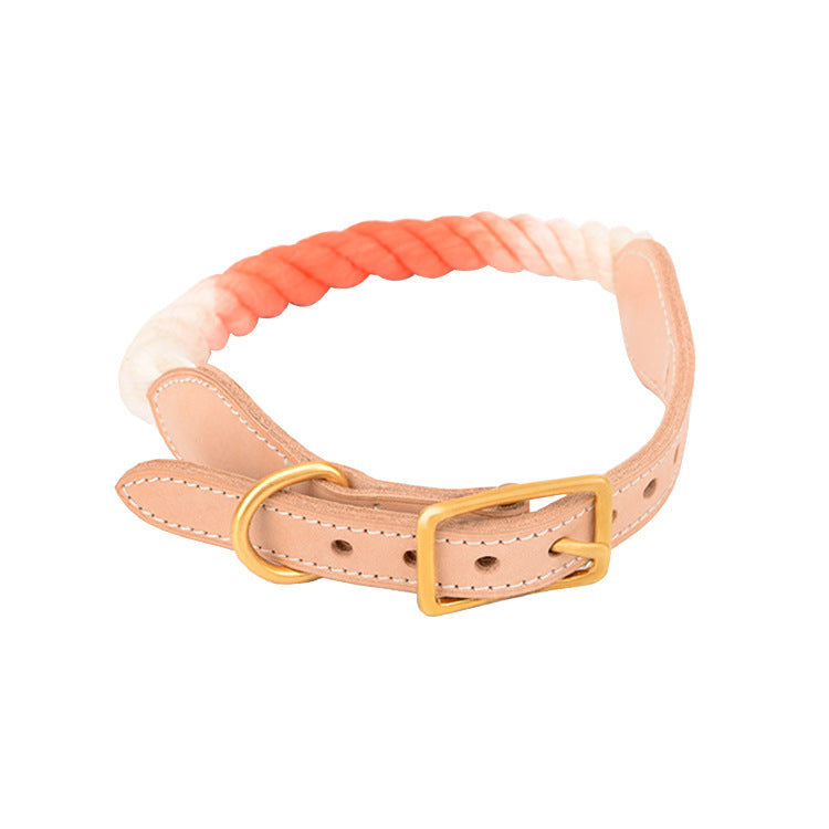 JMT-014410 Gradient Color Vegetable Tanned Leather and Woven Cotton Rope Pet Collar for Dogs and Cats