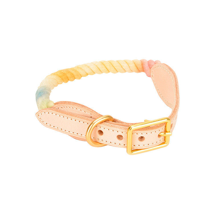 JMT-014410 Gradient Color Vegetable Tanned Leather and Woven Cotton Rope Pet Collar for Dogs and Cats