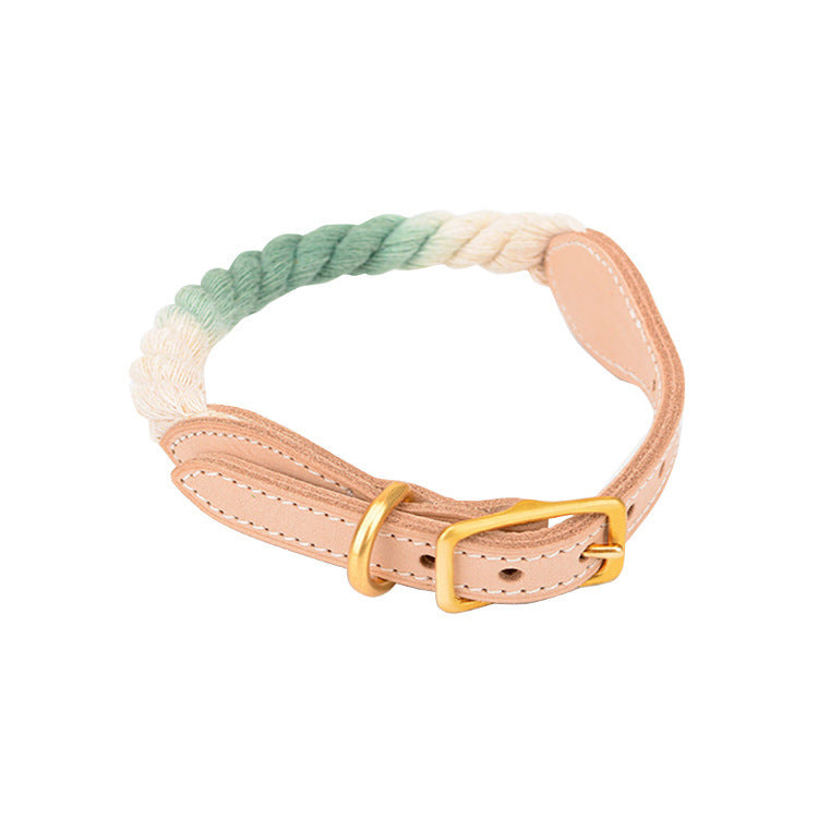 JMT-014410 Gradient Color Vegetable Tanned Leather and Woven Cotton Rope Pet Collar for Dogs and Cats