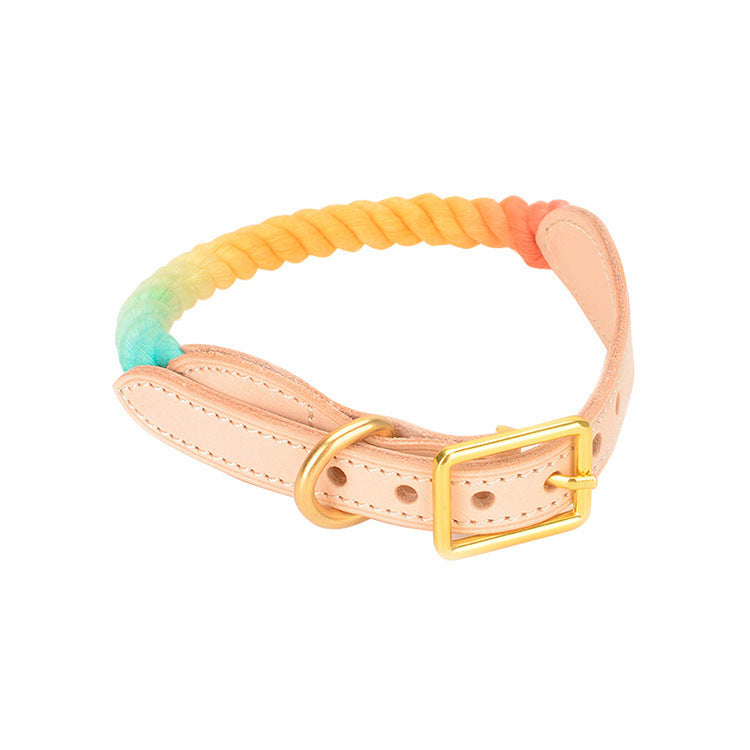 JMT-014410 Gradient Color Vegetable Tanned Leather and Woven Cotton Rope Pet Collar for Dogs and Cats