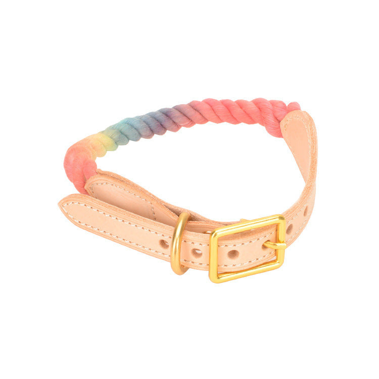 JMT-014410 Gradient Color Vegetable Tanned Leather and Woven Cotton Rope Pet Collar for Dogs and Cats