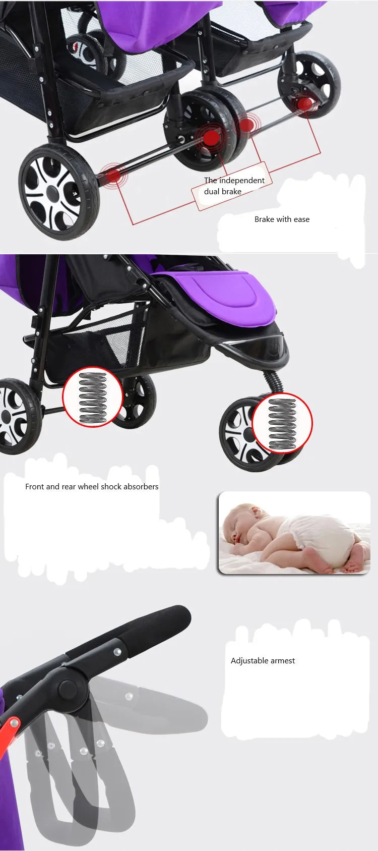 JMT-016010 Twin Baby Stroller in Pink and Blue with Removable Sun Canopy and Multi-Position Recline