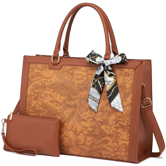 JMT-016778 Large Brown Printing Tote Bag Set for Travel & Business - Women’s PU Shoulder Bag & Laptop Briefcase