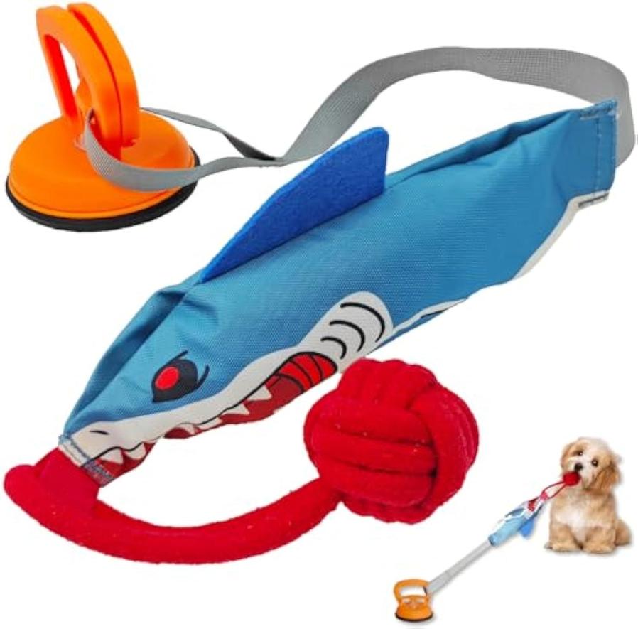 JMT-017034 Interactive Shark Tug Toy for Dogs with Suction Cup | Durable Rope Pull Toy for Small to Medium Dogs, Indoor & Outdoor Fun