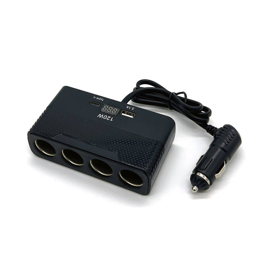 JMT-017226 Portable Digital Car Cigarette Lighter with USB and Type-C Ports, 4 Cigarette Adapter Outlets, and Voltage Display