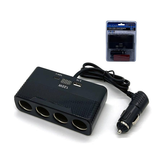 JMT-017226 Portable Digital Car Cigarette Lighter with USB and Type-C Ports, 4 Cigarette Adapter Outlets, and Voltage Display