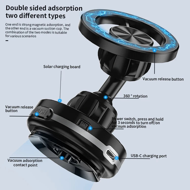 JMT-017866 Solar-Powered Magnetic Car Phone Holder with Stable Glass Adsorption and Foldable Design