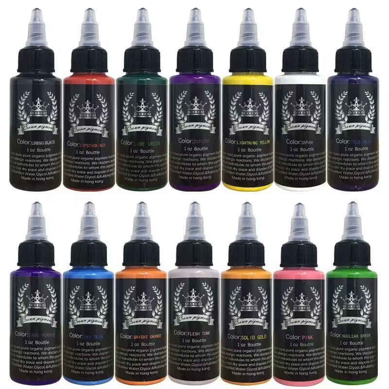 JMT-018506 Practice Pigment Tattoo Paint Set - 14 Colors of Professional Quality Tattoo Pigments in Stylish Silver Crown Design (30ml)
