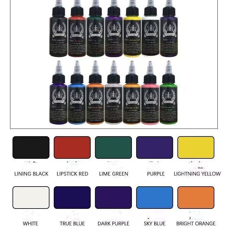 JMT-018506 Practice Pigment Tattoo Paint Set - 14 Colors of Professional Quality Tattoo Pigments in Stylish Silver Crown Design (30ml)