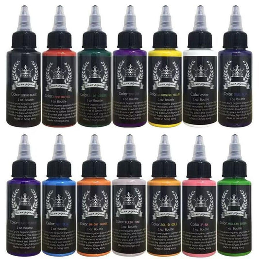 JMT-018506 Practice Pigment Tattoo Paint Set - 14 Colors of Professional Quality Tattoo Pigments in Stylish Silver Crown Design (30ml)