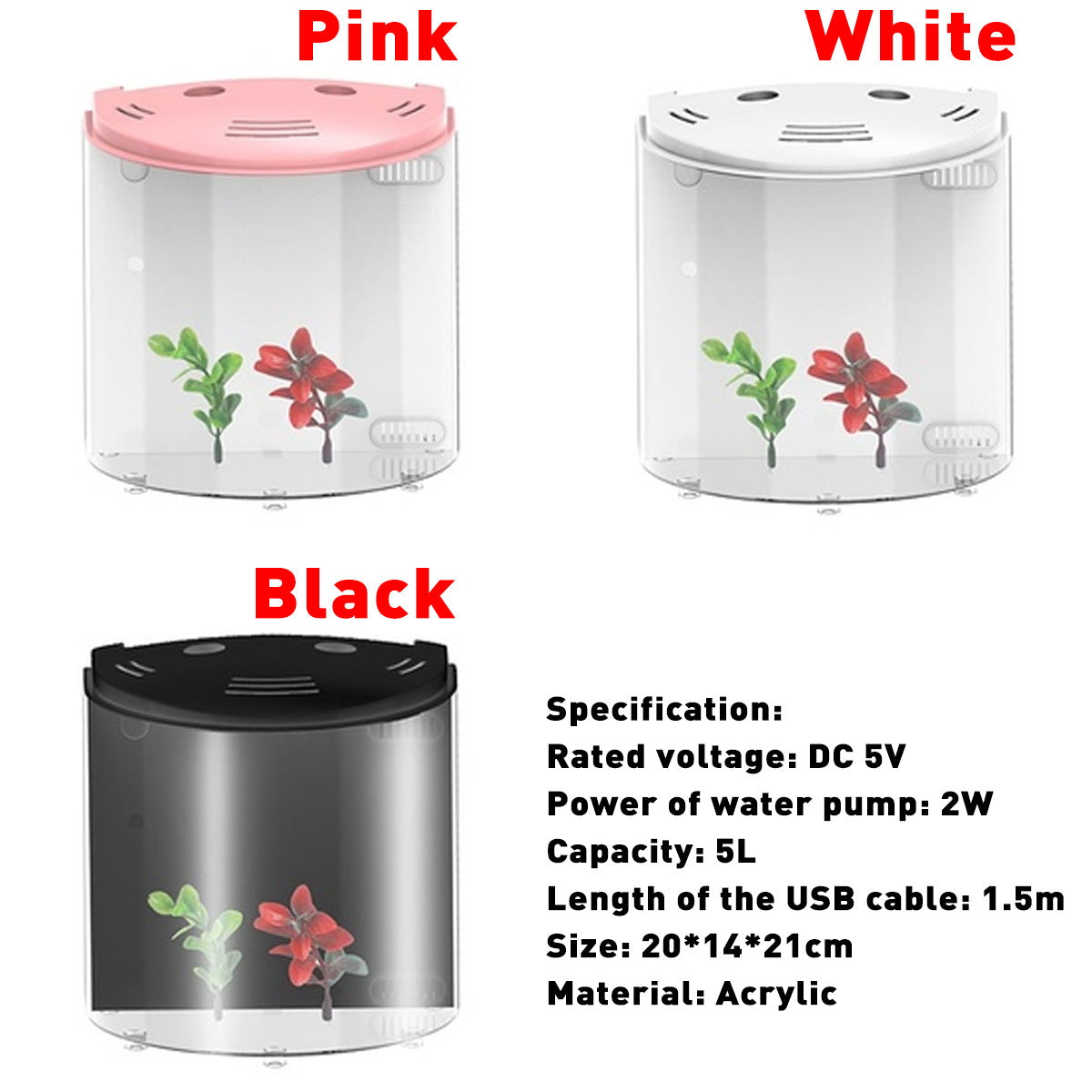 JMT-019530 Ecological Acrylic Fish Tank with LED Light, 5L Capacity, USB-Powered Water Pump