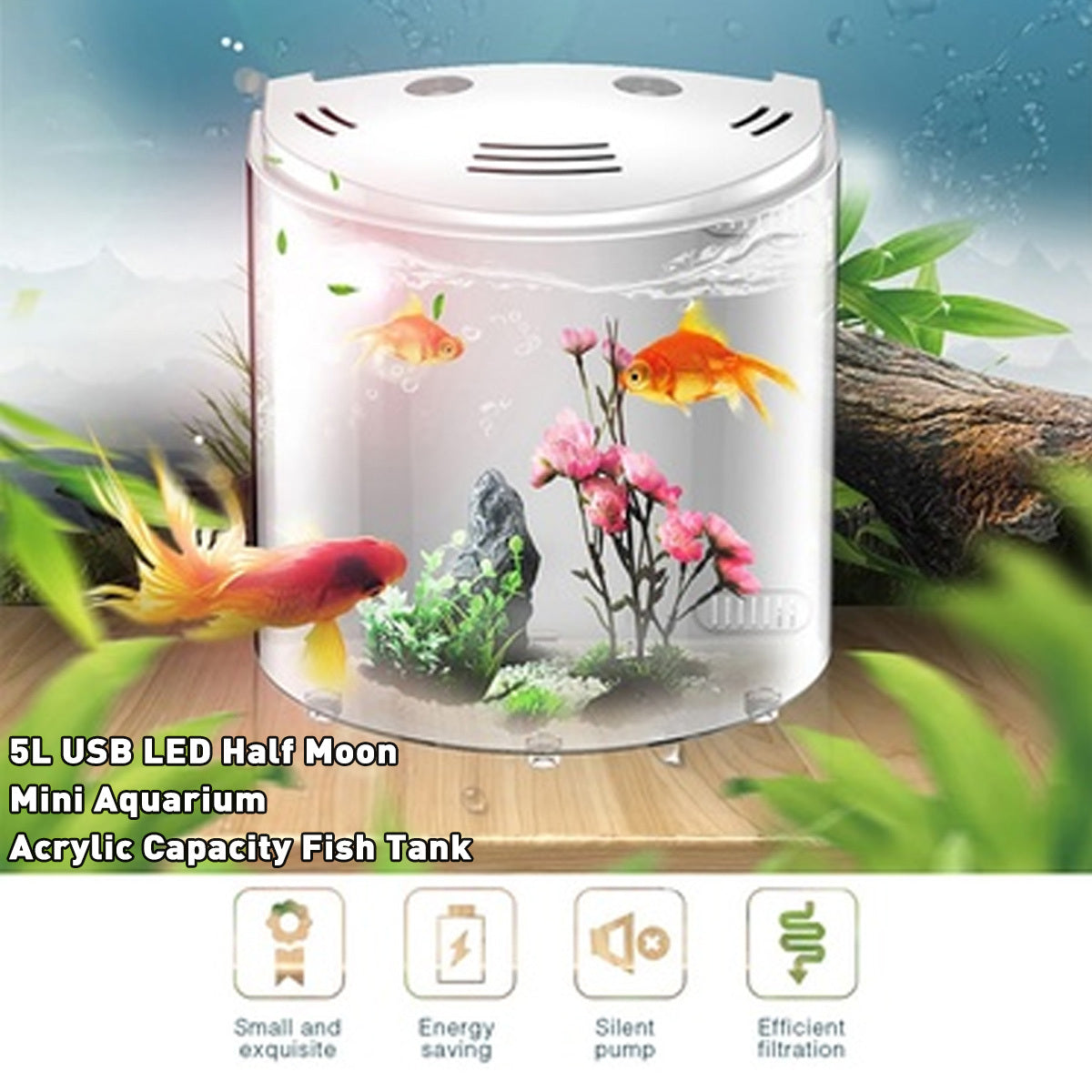 JMT-019530 Ecological Acrylic Fish Tank with LED Light, 5L Capacity, USB-Powered Water Pump