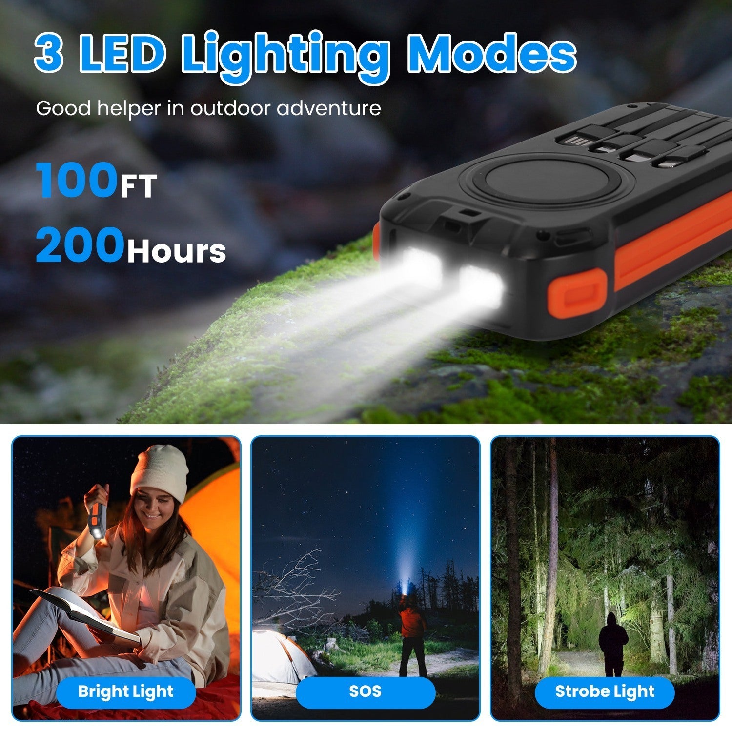 JMT-019530 Portable 49,800mAh Solar Power Bank with Built-In Cables, Wireless Charging, and LED Flashlight for Outdoor Adventures