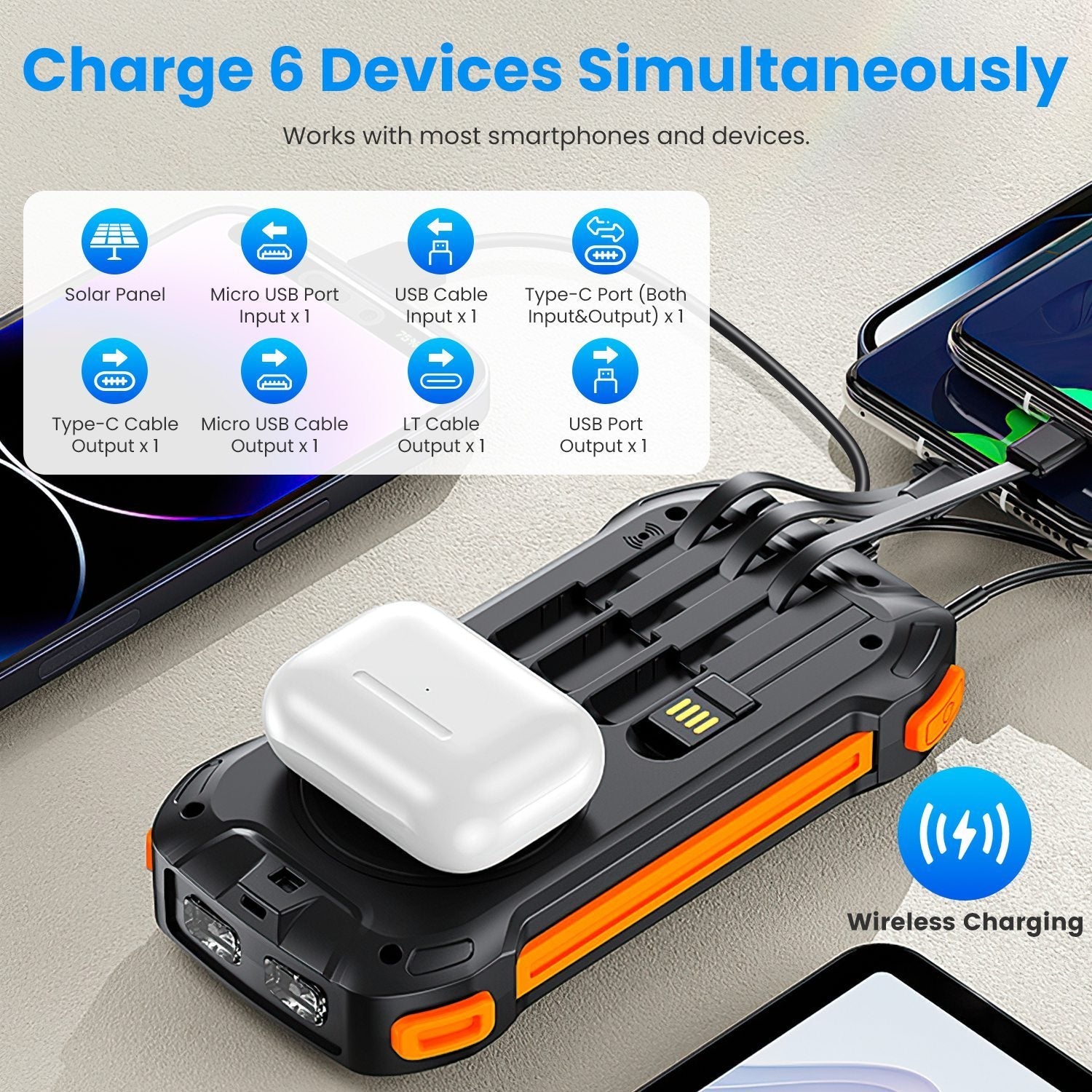 JMT-019530 Portable 49,800mAh Solar Power Bank with Built-In Cables, Wireless Charging, and LED Flashlight for Outdoor Adventures
