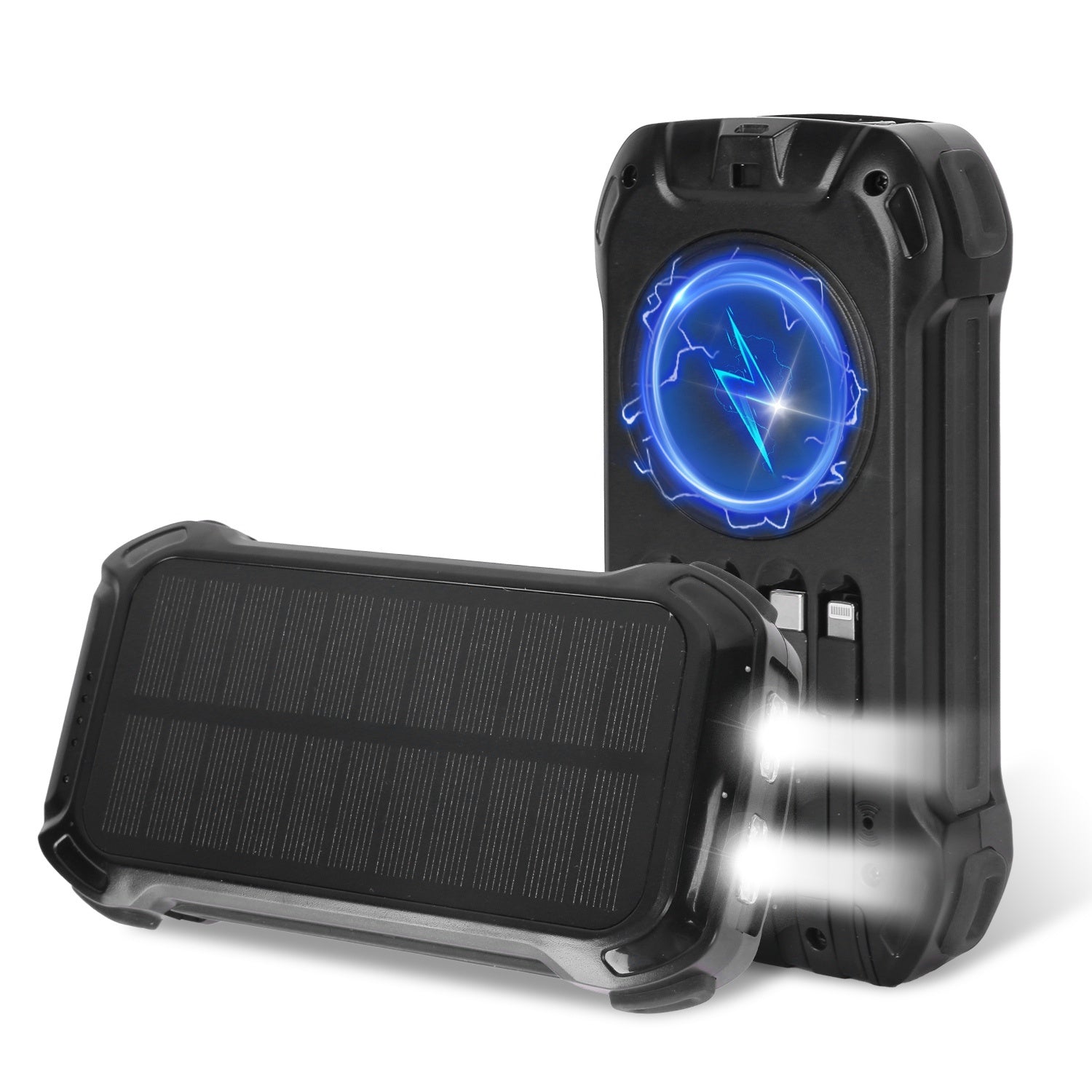 JMT-019530 Portable 49,800mAh Solar Power Bank with Built-In Cables, Wireless Charging, and LED Flashlight for Outdoor Adventures