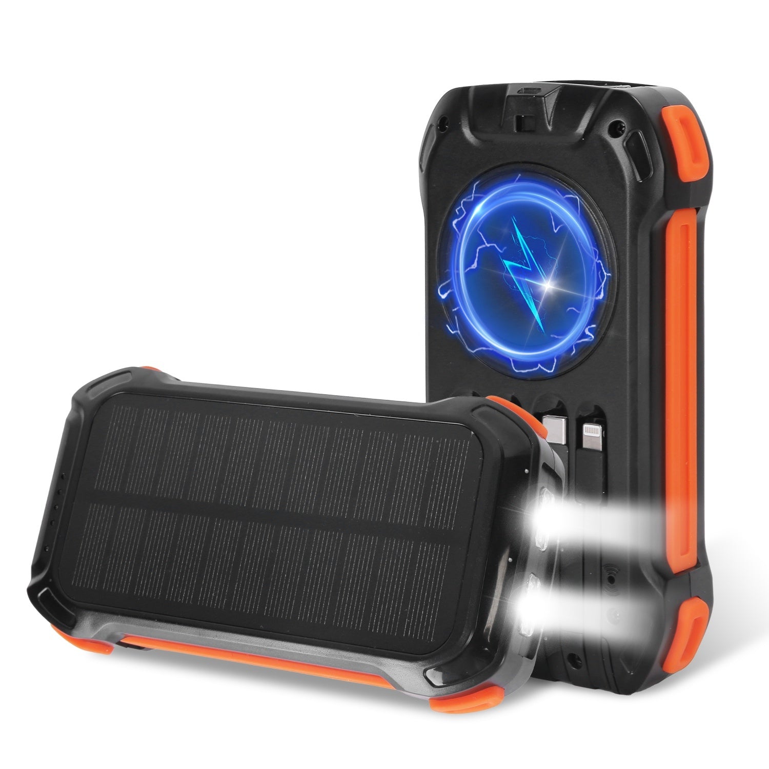 JMT-019530 Portable 49,800mAh Solar Power Bank with Built-In Cables, Wireless Charging, and LED Flashlight for Outdoor Adventures