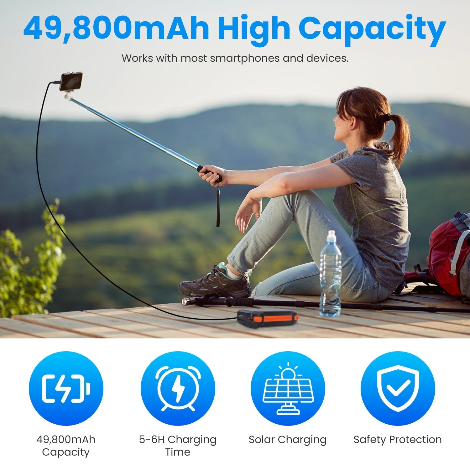 JMT-019530 Portable 49,800mAh Solar Power Bank with Built-In Cables, Wireless Charging, and LED Flashlight for Outdoor Adventures