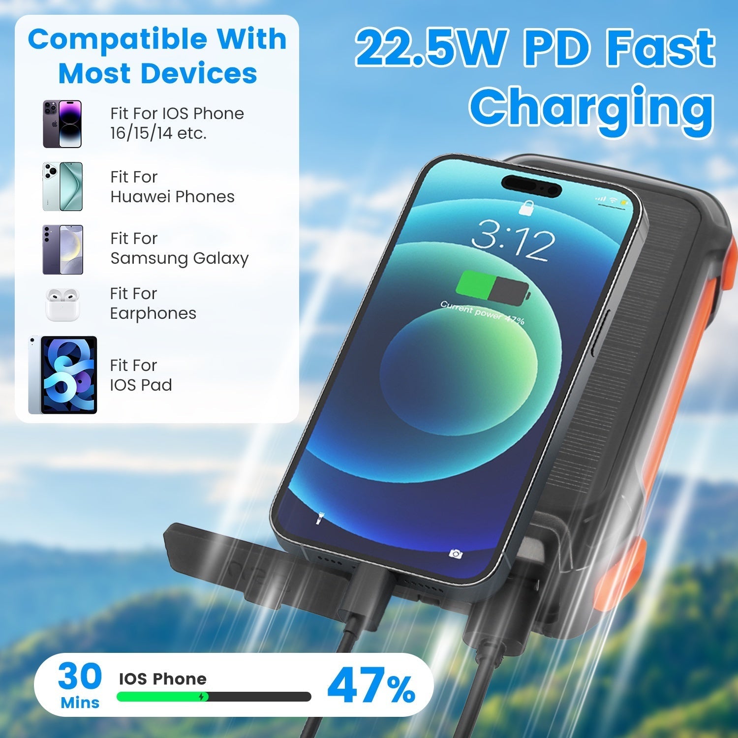JMT-019530 Portable 49,800mAh Solar Power Bank with Built-In Cables, Wireless Charging, and LED Flashlight for Outdoor Adventures