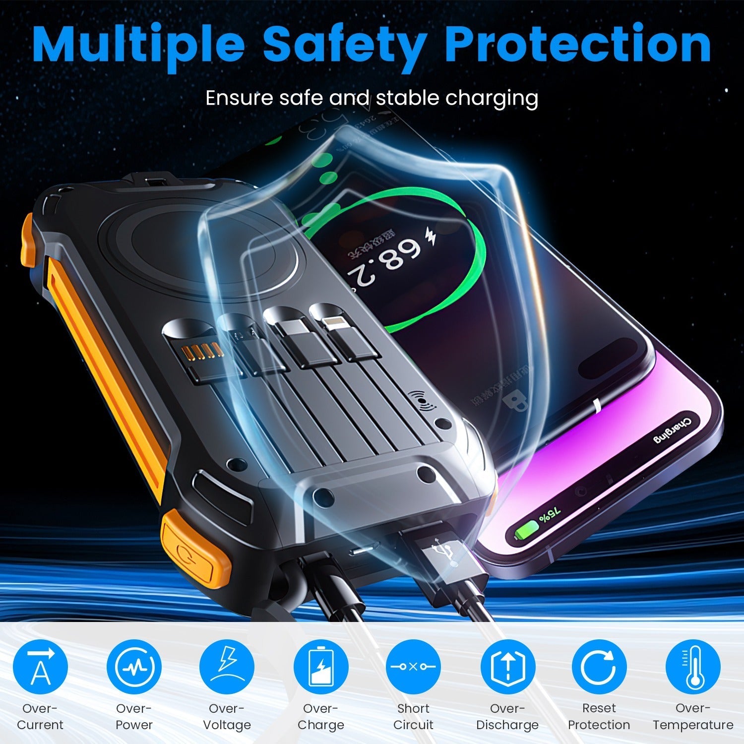 JMT-019530 Portable 49,800mAh Solar Power Bank with Built-In Cables, Wireless Charging, and LED Flashlight for Outdoor Adventures