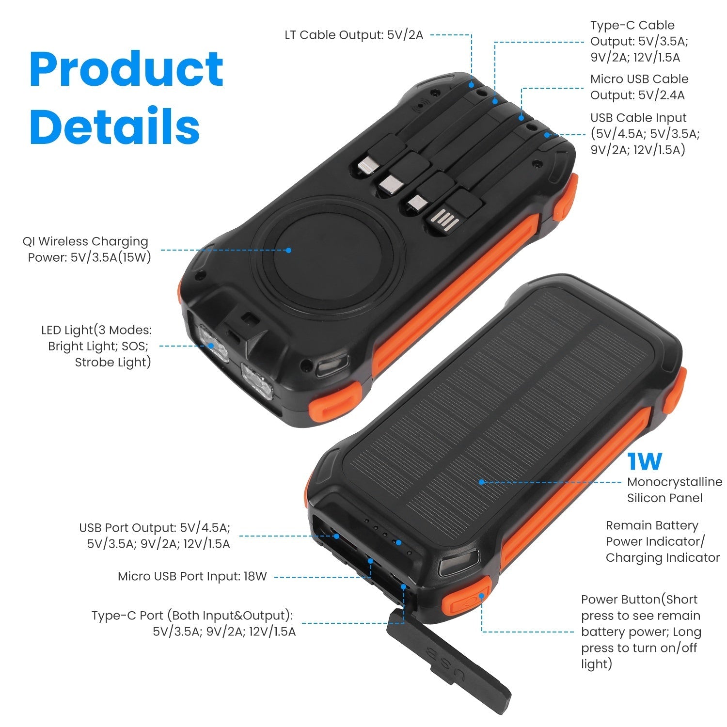 JMT-019530 Portable 49,800mAh Solar Power Bank with Built-In Cables, Wireless Charging, and LED Flashlight for Outdoor Adventures